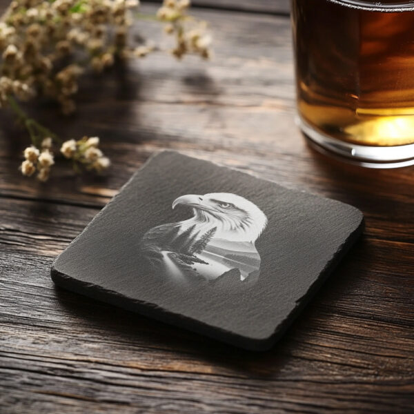 Eagle Head Forest Slate Coaster Engraving Design, Rustic
