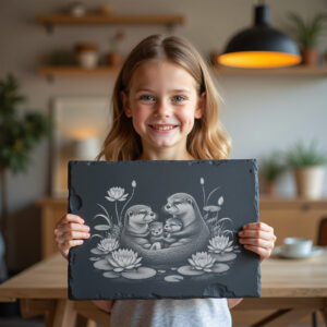 Engraved Slate Cheese Board with Otter Family, Water