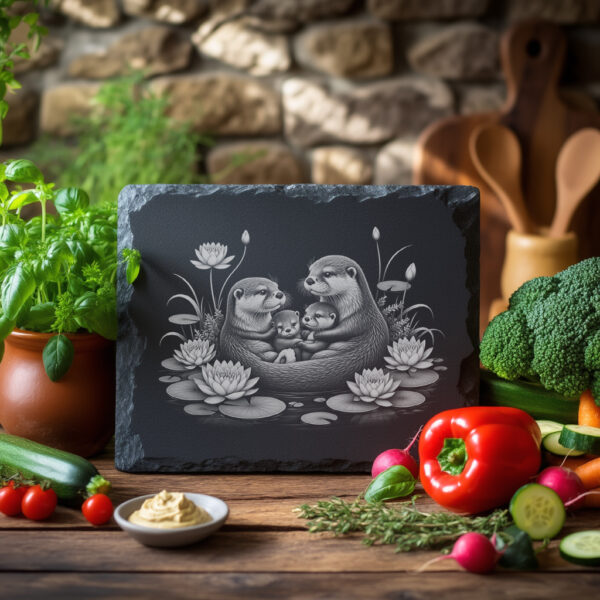 Engraved Slate Cheese Board with Otter Family, Water