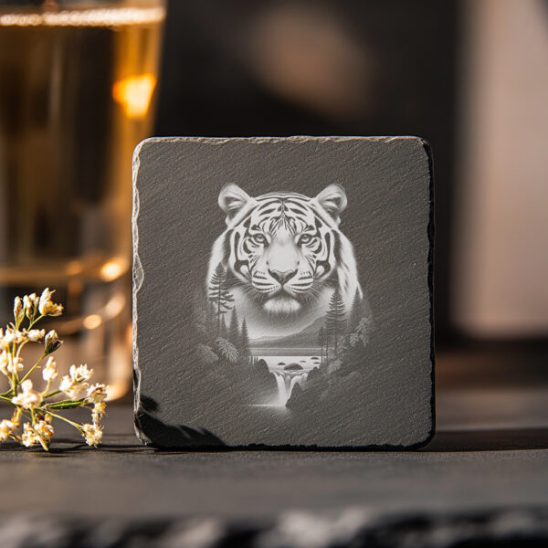 Fierce Tiger Double Exposure Slate Coaster Engraving, Wild