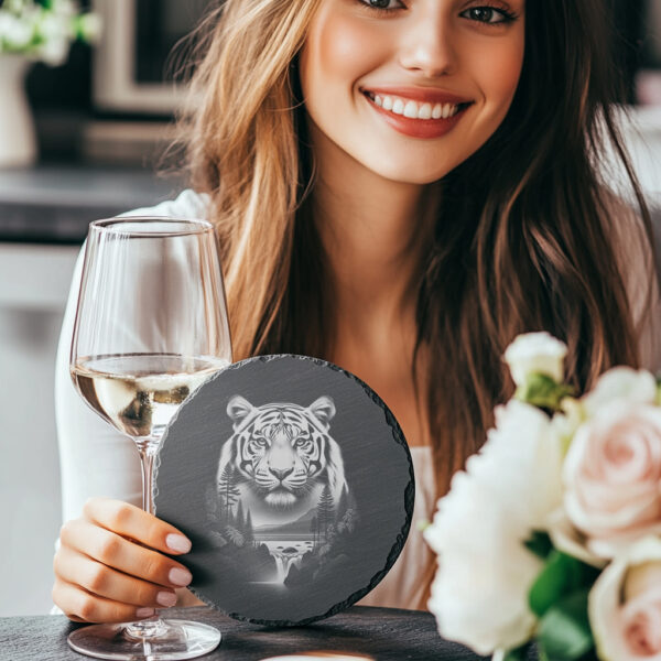 Fierce Tiger Double Exposure Slate Coaster Engraving, Wild