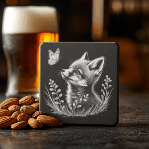 Fox and Butterfly Slate Coaster Engraving Design, Wildlife