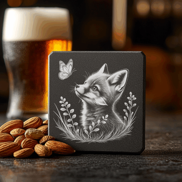 Fox and Butterfly Slate Coaster Engraving Design, Wildlife