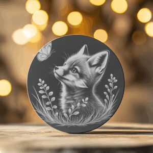 Fox and Butterfly Slate Coaster Engraving Design, Wildlife