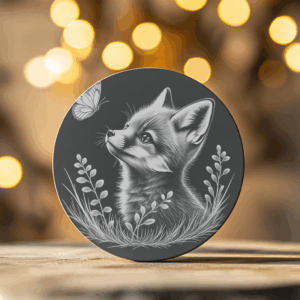 Fox and Butterfly Slate Coaster Engraving Design, Wildlife