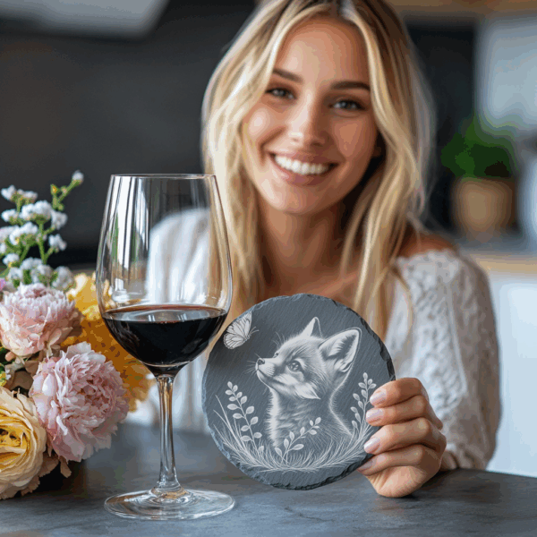 Fox and Butterfly Slate Coaster Engraving Design, Wildlife