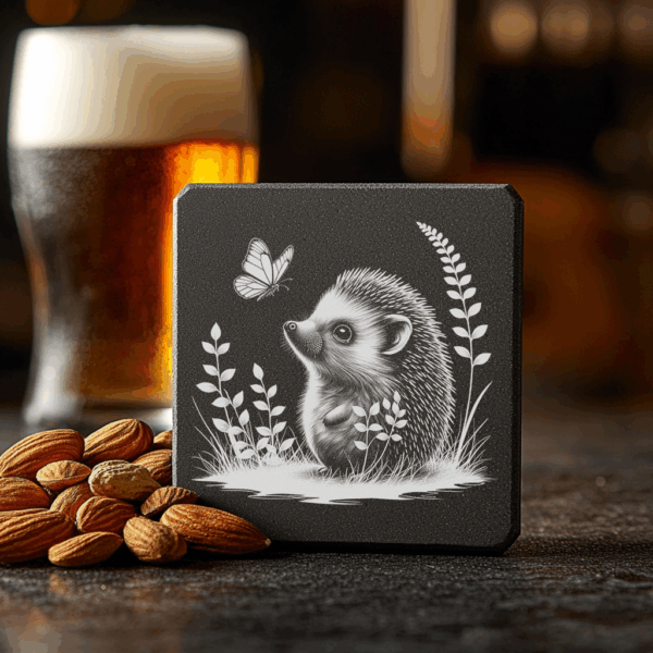 Hedgehog and Butterfly Laser Engraving File, Slate Coaster