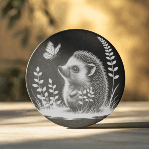 Hedgehog and Butterfly Laser Engraving File, Slate Coaster