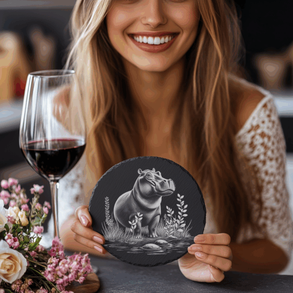 Hippo 3D Illusion Slate Coaster Engraving PNG, Kitchen