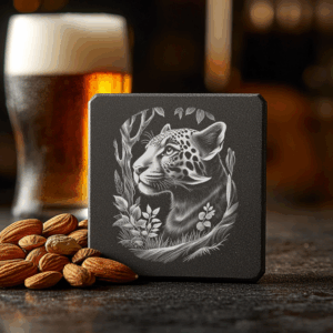 Jaguar Double Exposure Woodland Slate Coaster Engraving Design,
