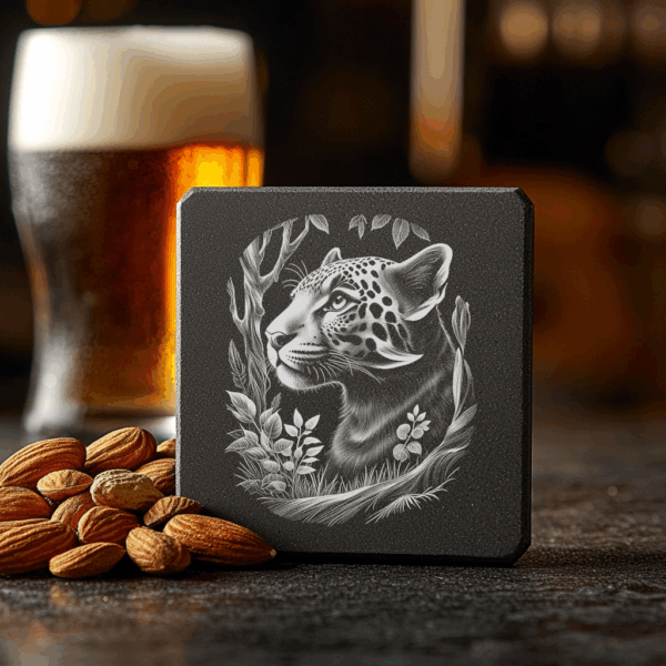 Jaguar Double Exposure Woodland Slate Coaster Engraving Design,
