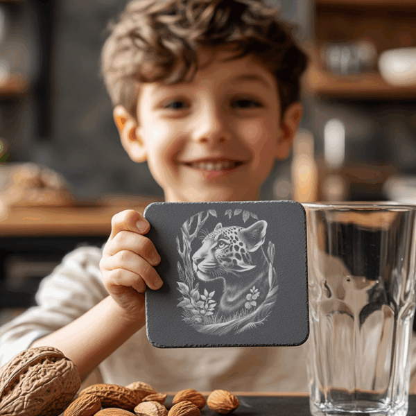 Jaguar Double Exposure Woodland Slate Coaster Engraving Design,
