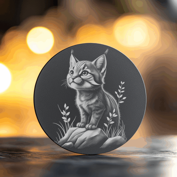 Kitten Rock Slate Coaster Design, Laser Engraved Cat