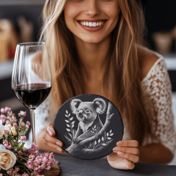 Koala Tree Branch Slate Coaster PNG, Laser Engraved