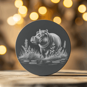 Laser Engraved Hippo in Water Slate Coaster Design,