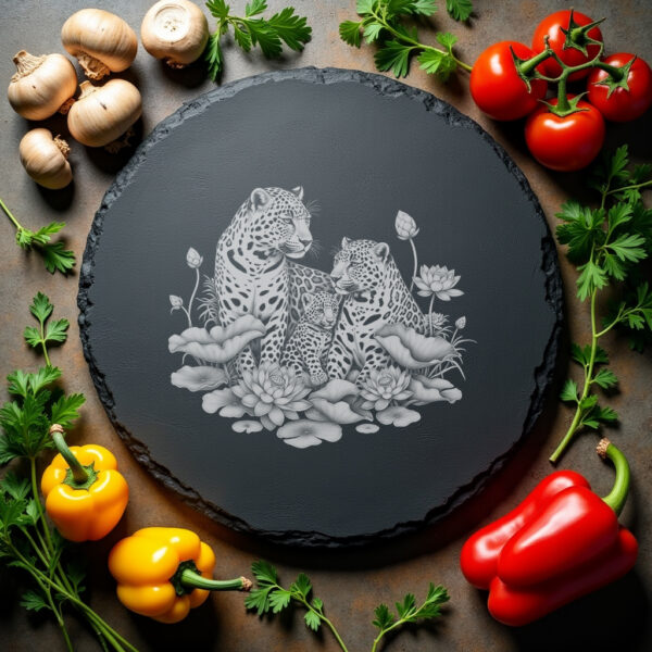Leopard Family Lotus Slate Cheese Board Design, Laser