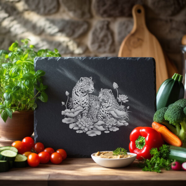 Leopard Family Lotus Slate Cheese Board Design, Laser