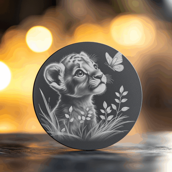 Lion Cub with Butterfly Slate Coaster Engraving Design,