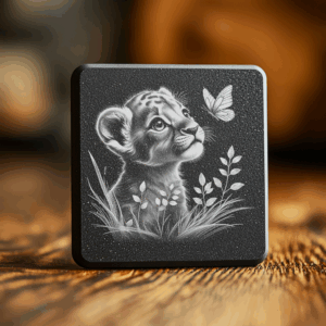 Lion Cub with Butterfly Slate Coaster Engraving Design,