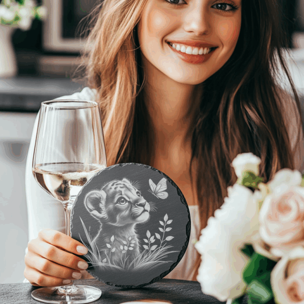 Lion Cub with Butterfly Slate Coaster Engraving Design,