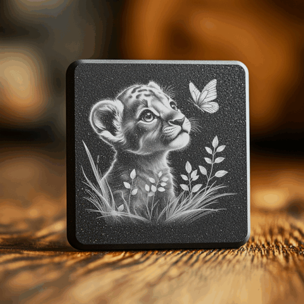 Lion Cub with Butterfly Slate Coaster Engraving Design,