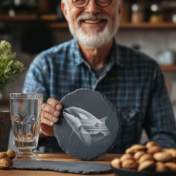 Orca Double Exposure Slate Coaster Engraving Design, Wild