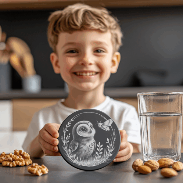 Owl and Moth Slate Coaster Engraving PNG, Unique