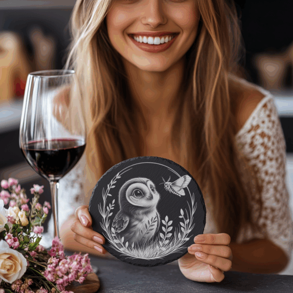 Owl and Moth Slate Coaster Engraving PNG, Unique