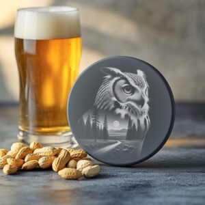 Owl Double Exposure Slate Coaster Design, Laser Engraving