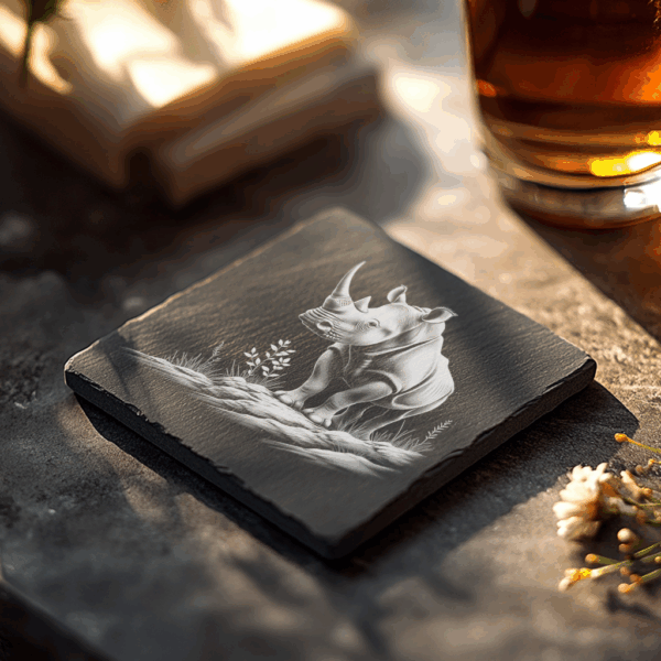 Rhino Rock Slate Coaster Design, Laser Engraving PNG,