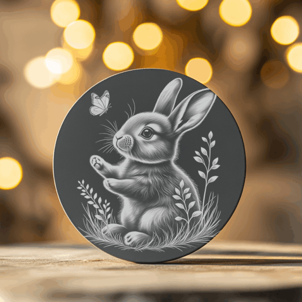 Rustic Rabbit and Butterfly Engraving PNG, Slate Coaster
