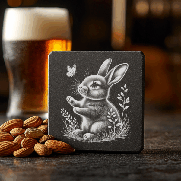 Rustic Rabbit and Butterfly Engraving PNG, Slate Coaster