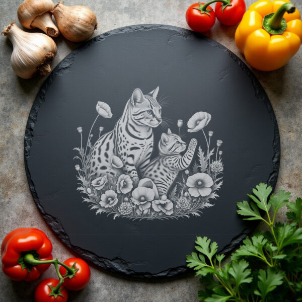 Slate Cheese Board Design, Serval Family in Poppies,