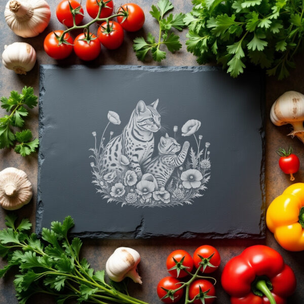 Slate Cheese Board Design, Serval Family in Poppies,