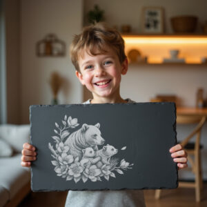 Slate Cheese Board, Engraved Sloth Bear Family, Magnolia
