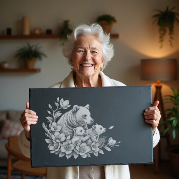 Slate Cheese Board, Engraved Sloth Bear Family, Magnolia