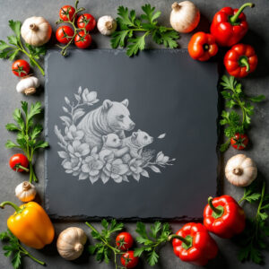 Slate Cheese Board, Engraved Sloth Bear Family, Magnolia