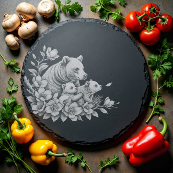 Slate Cheese Board, Engraved Sloth Bear Family, Magnolia