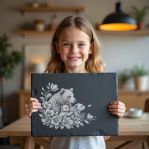 Slate Cheese Board, Engraved Sloth Bear Family, Magnolia