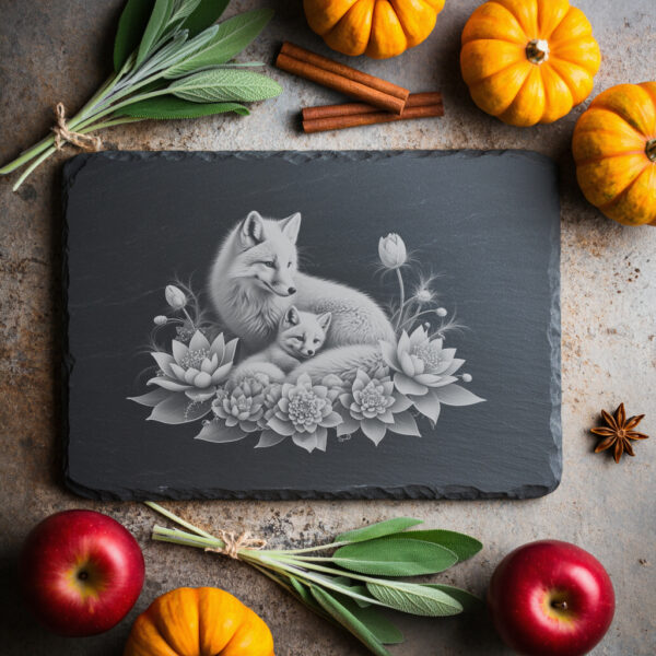 Slate Cheese Board Engraving, Arctic Fox Family Design,