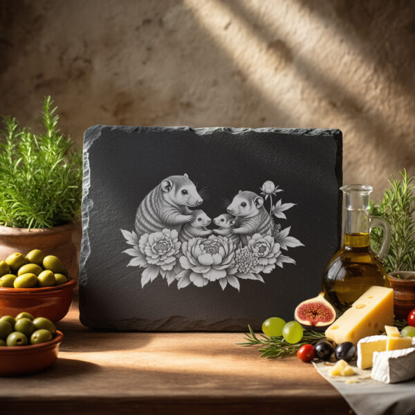Slate Cheese Board Engraving File, Armadillo Family Peonies,