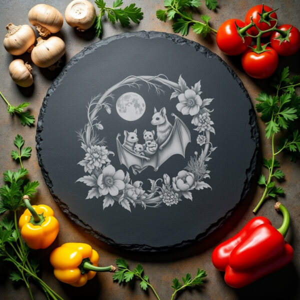 Slate Cheese Board Engraving File, Bat Family Moonflowers