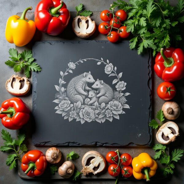 Slate Cheese Board Engraving File, Pangolin Family Camellia
