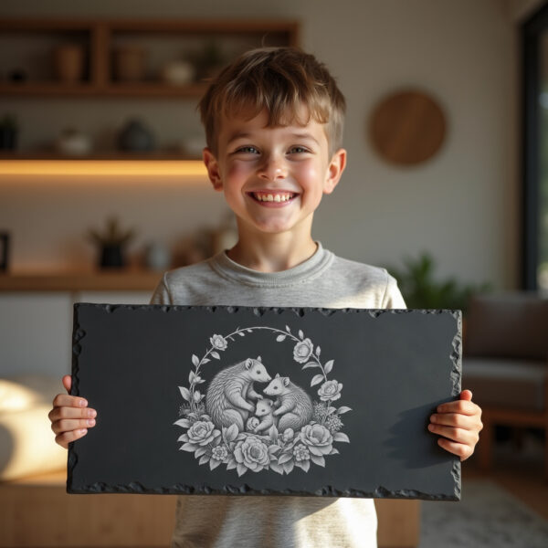 Slate Cheese Board Engraving File, Pangolin Family Camellia
