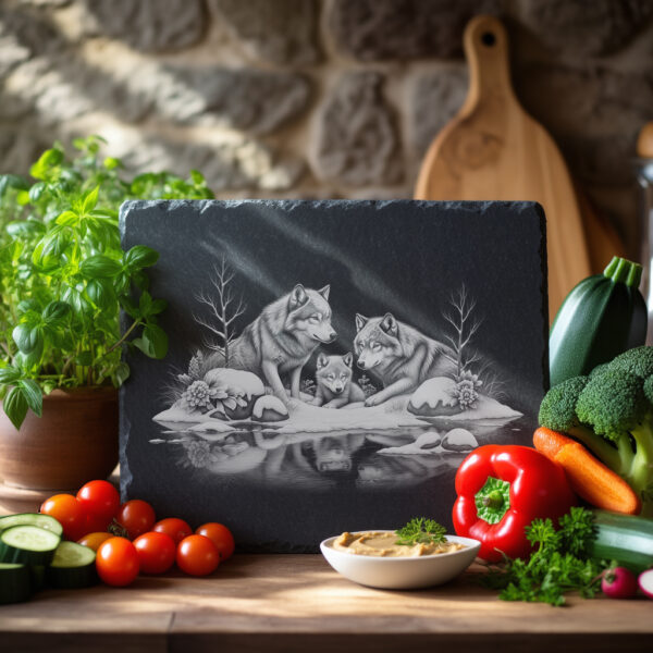 Slate Cheese Board Engraving File, Wolves by River,