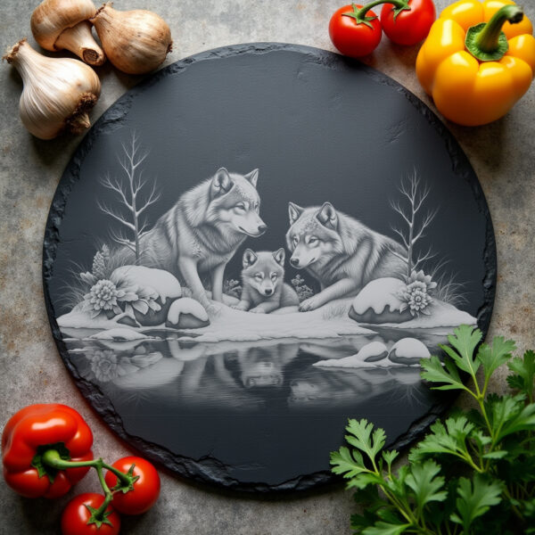 Slate Cheese Board Engraving File, Wolves by River,