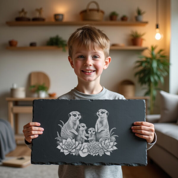 Slate Cheese Board Engraving, Meerkat Family with Succulents,
