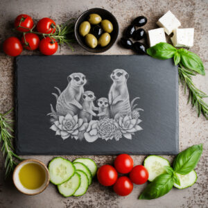 Slate Cheese Board Engraving, Meerkat Family with Succulents,