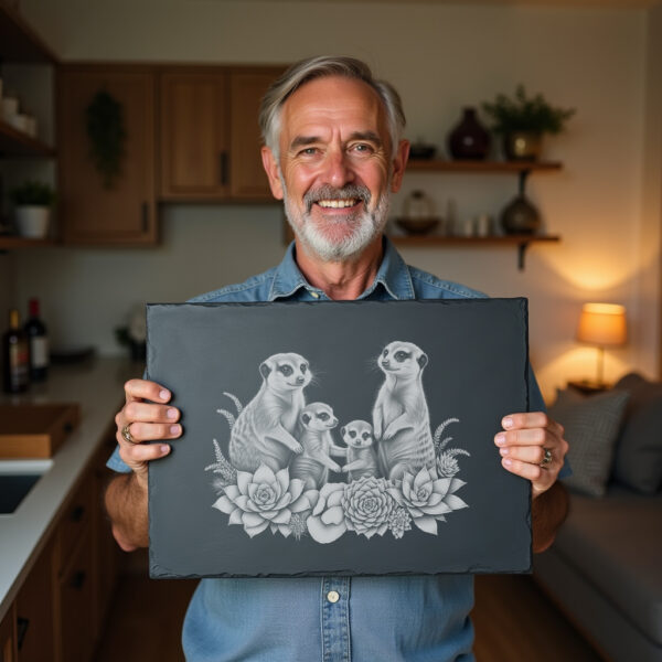 Slate Cheese Board Engraving, Meerkat Family with Succulents,