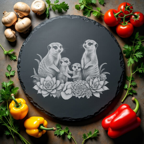 Slate Cheese Board Engraving, Meerkat Family with Succulents,